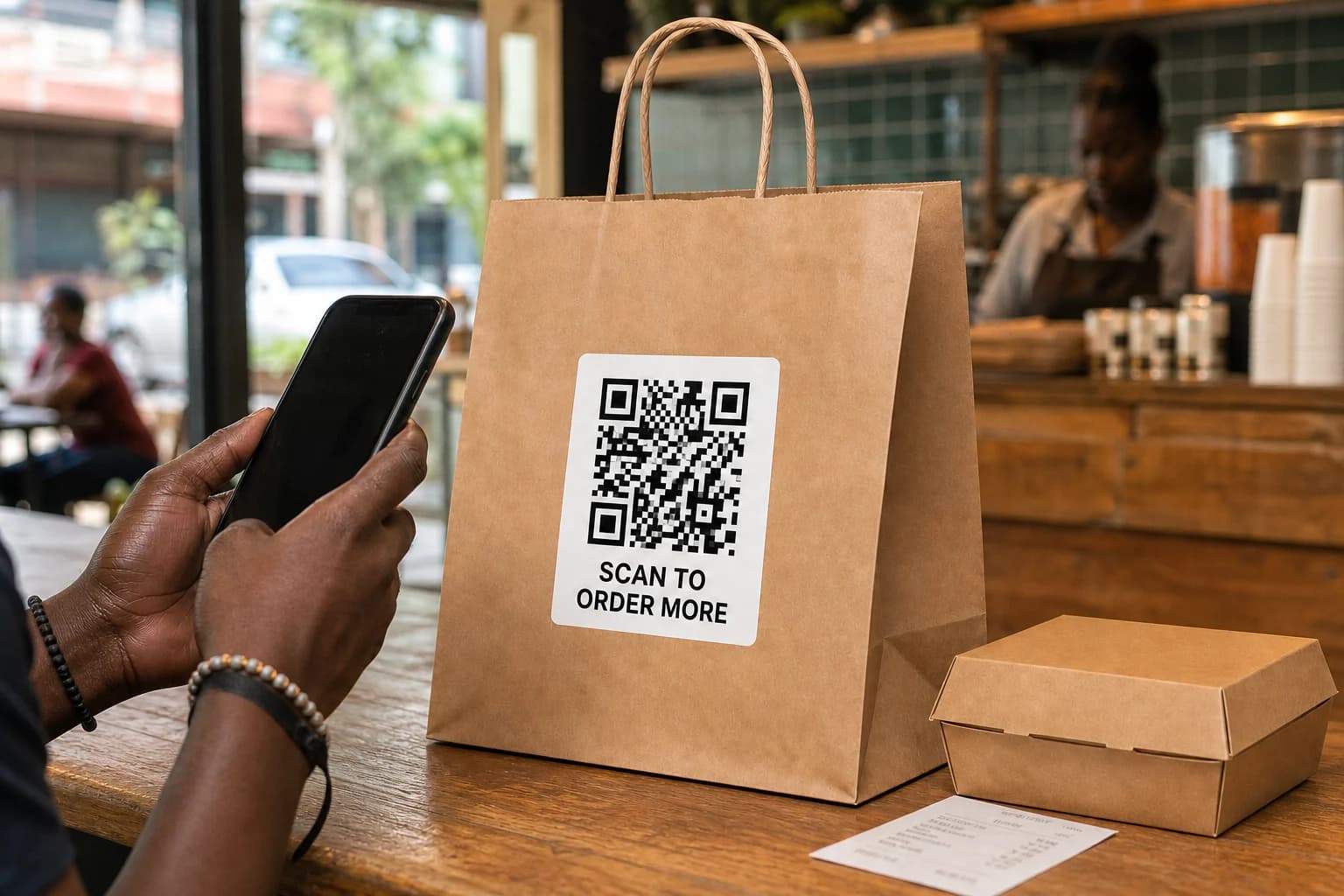 A Ugandan customer scanning a Scan to order more QR label on a restaurant delivery package