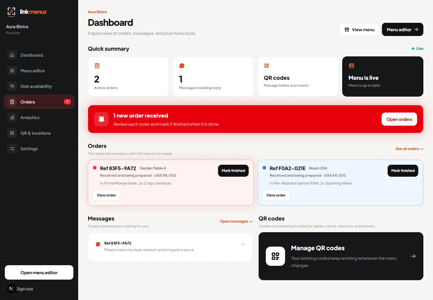 LinkMenuz dashboard showing a highlighted incoming restaurant order