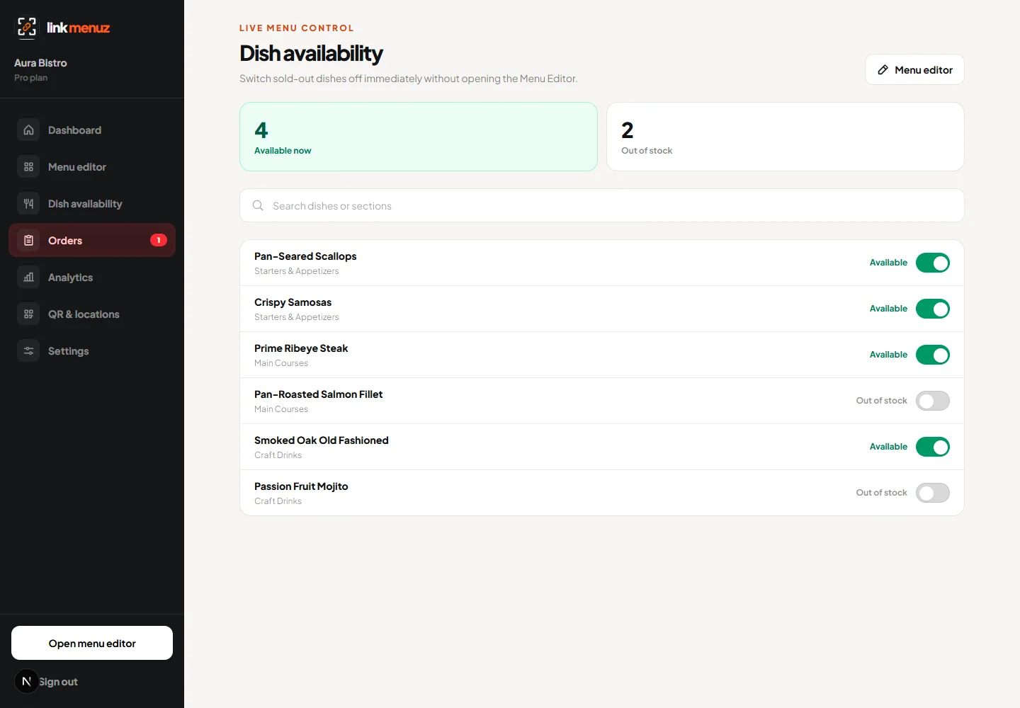 Dish availability screen with live available and out-of-stock controls