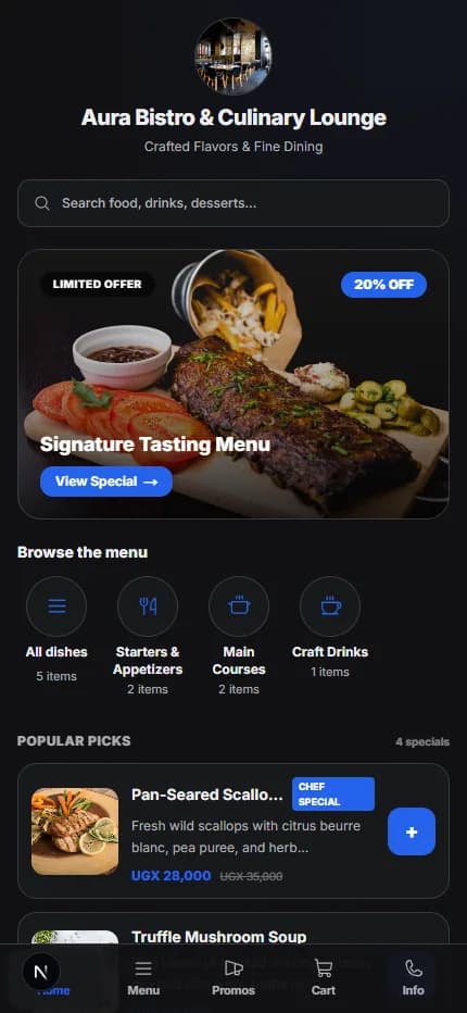 The menu a restaurant customer sees after scanning a LinkMenuz QR code