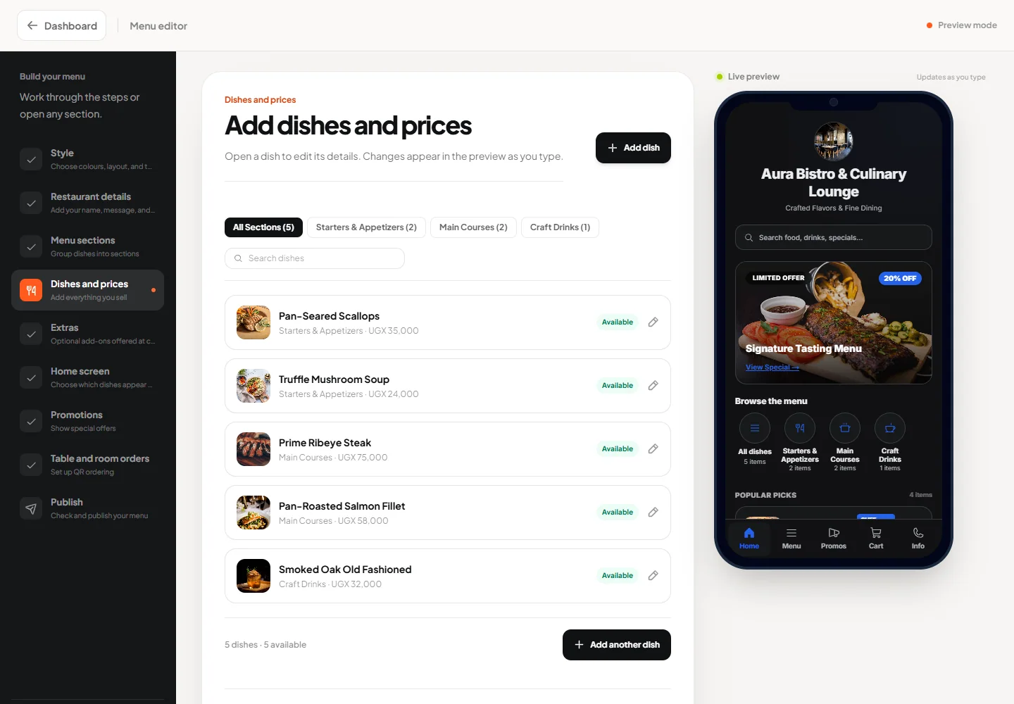 LinkMenuz menu editor with dish controls and a live phone preview