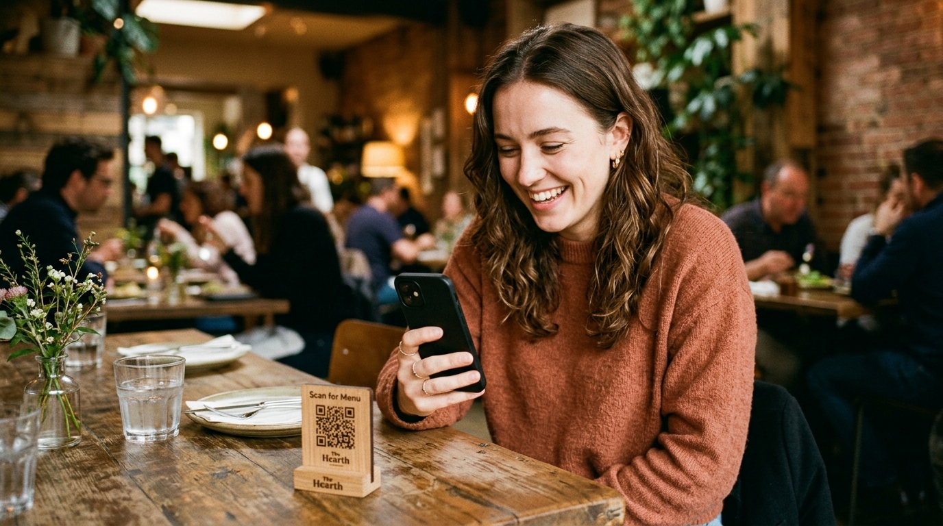 A seated restaurant guest browsing on her phone beside a menu QR stand